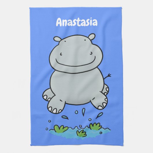 Cute hippo springende cartoon illustratie theedoek (Verticaal)