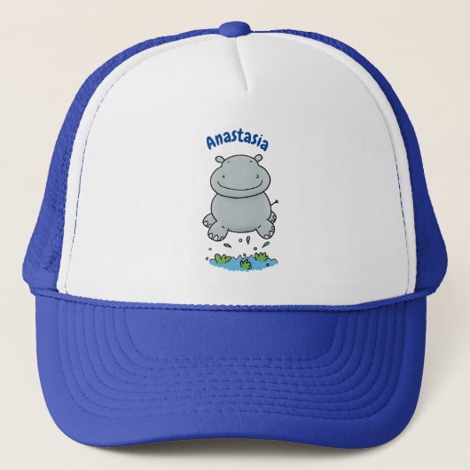 Cute hippo springende cartoon illustratie trucker pet (Voorkant)