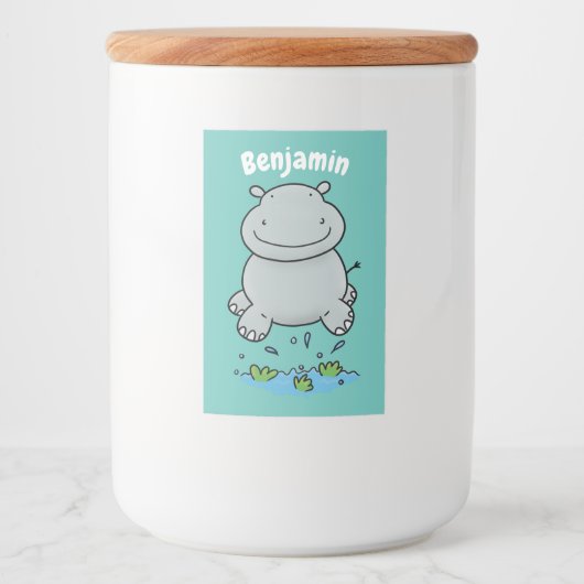 Cute hippo springende cartoon illustratie voedselcontainer etiket (Voorkant)