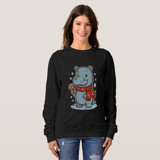 Cute Hippo Winter with Candy Cane Trui (Voorkant volledig)