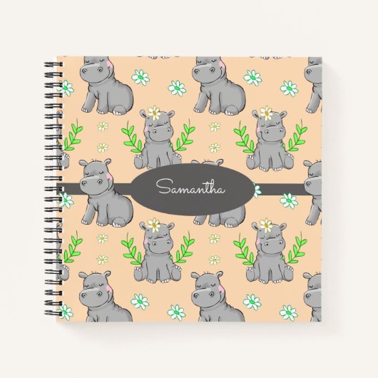 Cute Hippos and Flowers Pattern Custom Name Notitieboek (Voorkant)