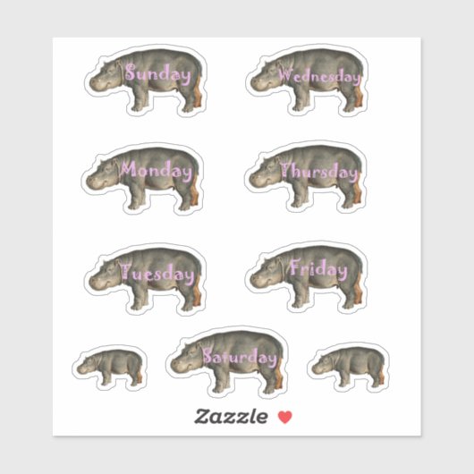Cute Hippos Fun Pink Font Days of Weekblad Sticker (Vel)