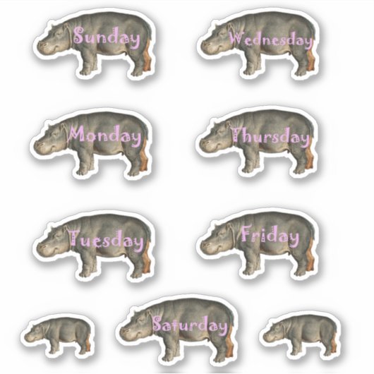 Cute Hippos Fun Pink Font Days of Weekblad Sticker (Voorkant)