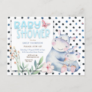 Cute Hippos Polka Dots Blue Baby shower Uitnodiging Briefkaart