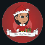 Cute Hispanic girl met lang zwart haar Ronde Sticker<br><div class="desc">Ronde stickers met een illustratie van een schattig, gelukkig glimlachend Latina/Latijns-Aziatische of Aziatische meid met lang zwart haar, die in kerstkleren is gekleed en een rood kerstkleed heeft met een pet en een cadeau heeft; ontwerp van kerstmis op een rode achtergrond, met een bewerkbare sjabloon voor jouw naam of boodschap...</div>