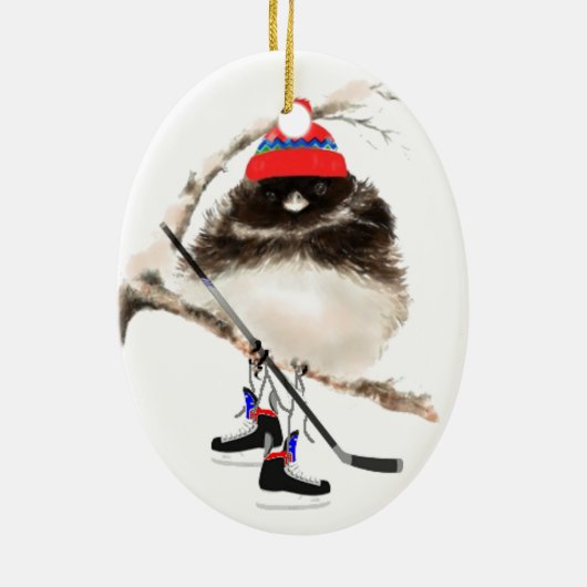 Cute Hockey Bird in Pet, kerstHumor, Junco Keramisch Ornament (Achterkant)