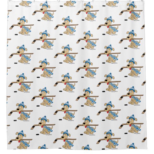 Cute Hockey Dog met Hockey Stick in Mouth Bath Douchegordijn (Voorkant)