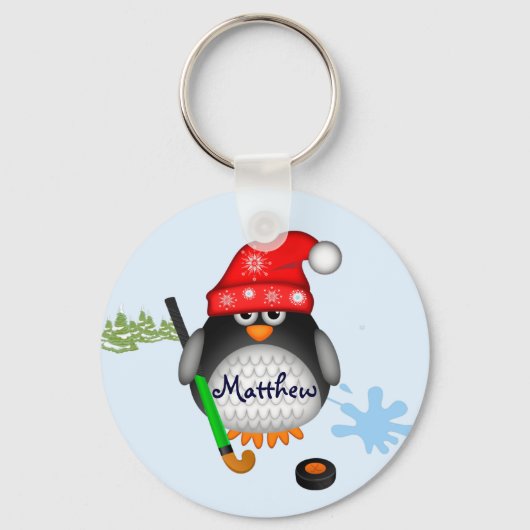 Cute Hockey-pinguïn met pet- en aangepaste naam Sleutelhanger (Voorkant)
