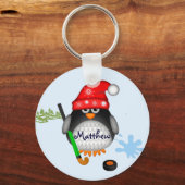 Cute Hockey-pinguïn met pet- en aangepaste naam Sleutelhanger (Voorkant)