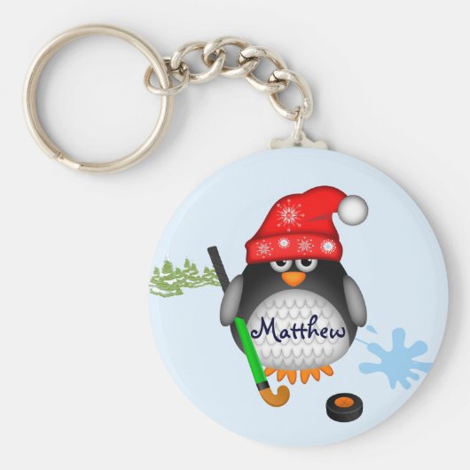 Cute Hockey-pinguïn met pet- en aangepaste naam Sleutelhanger (Voorkant)
