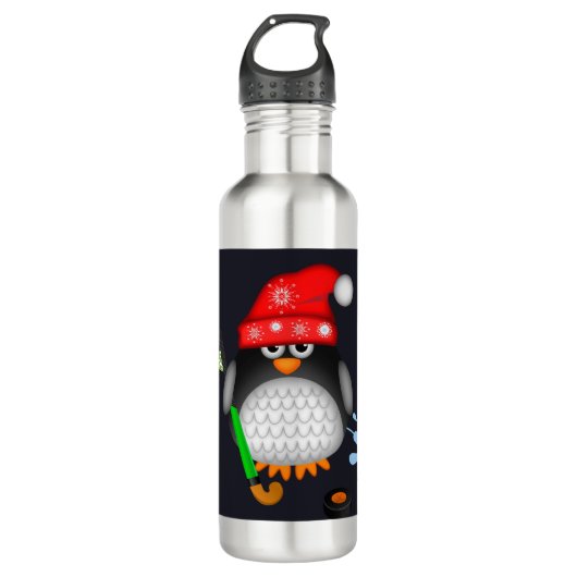 Cute hockey pinguin met rode petten en kerstbomen waterfles  (Voorkant)