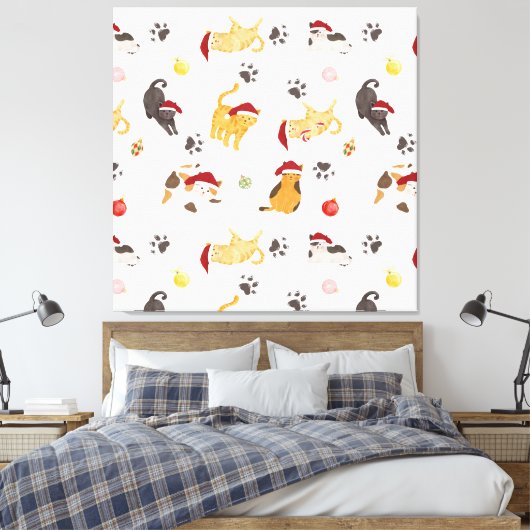 Cute Holiday Cat Pattern Canvas Afdruk (Insitu (Slaapkamer))