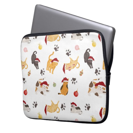 Cute Holiday Cat Pattern Laptop Sleeve (Voorkant Links)