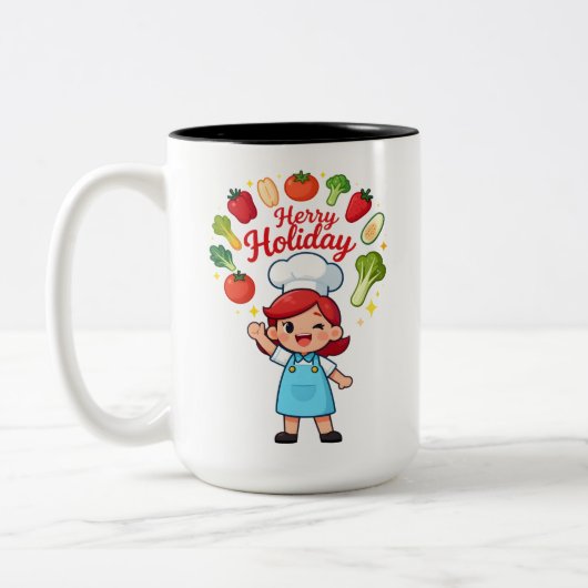 Cute Holiday Chef Mug with Festive Veggies Tweekleurige Koffiemok (Links)
