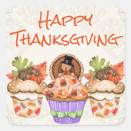 Cute Holiday Cupcakes Happy Thanksgiving Vierkante Sticker (Voorkant)
