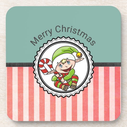 Cute Holiday Elf met Candy Cane Merry Kerstmis Bier Onderzetter (Voorkant)