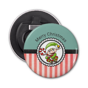 Cute Holiday Elf met Candy Cane Merry Kerstmis Button Flesopener