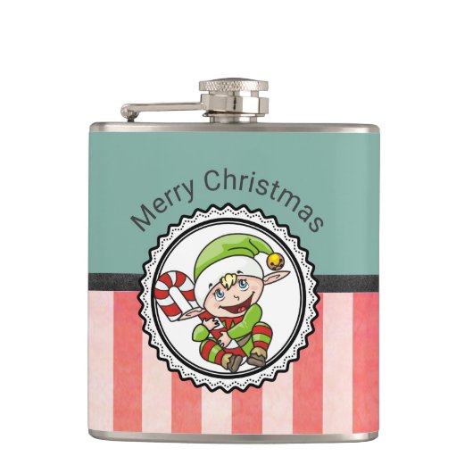 Cute Holiday Elf met Candy Cane Merry Kerstmis Heupfles (Voorkant)