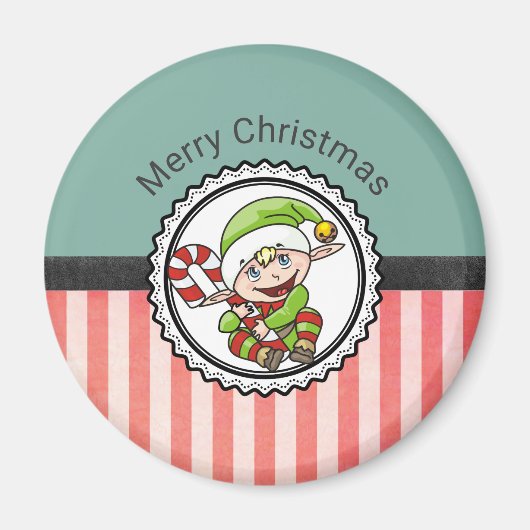 Cute Holiday Elf met Candy Cane Merry Kerstmis Magneet (Voorkant)