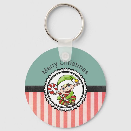 Cute Holiday Elf met Candy Cane Merry Kerstmis Sleutelhanger (Voorkant)