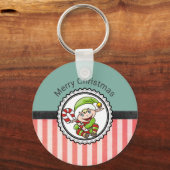 Cute Holiday Elf met Candy Cane Merry Kerstmis Sleutelhanger (Voorkant)