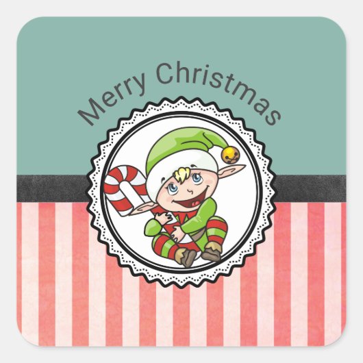Cute Holiday Elf met Candy Cane Merry Kerstmis Vierkante Sticker (Voorkant)