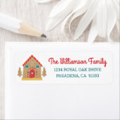 Cute Holiday Gingerbrood House Trees Red Script Etiket (Insitu)