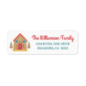 Cute Holiday Gingerbrood House Trees Red Script Etiket (Voorkant)
