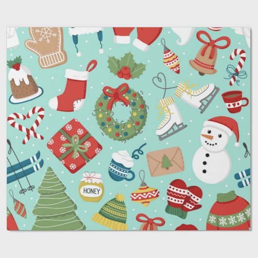 Cute Holiday Icons Snowman Mint Blue Christmas Cadeaupapier (Vlak)