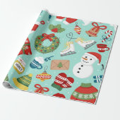 Cute Holiday Icons Snowman Mint Blue Christmas Cadeaupapier (Uitgerold)