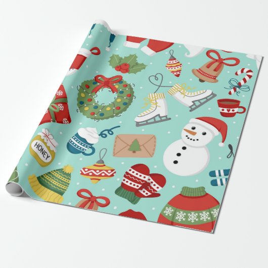 Cute Holiday Icons Snowman Mint Blue Christmas Cadeaupapier (Uitgerold)