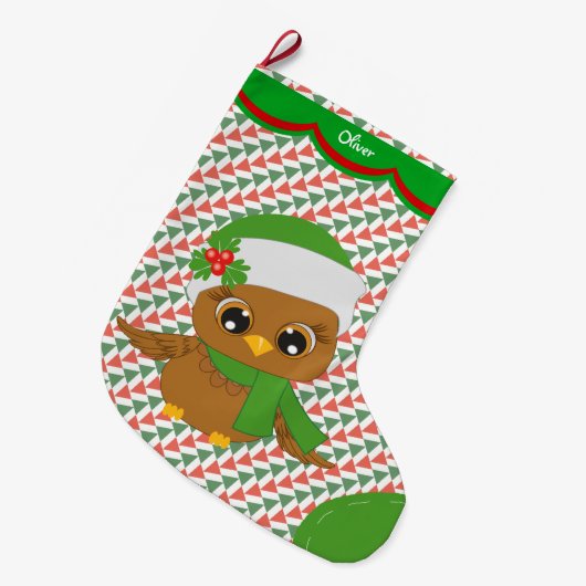 Cute Holiday Owl Pattern Gepersonaliseerd Grote Kerstsok (Voorkant (Hangend))
