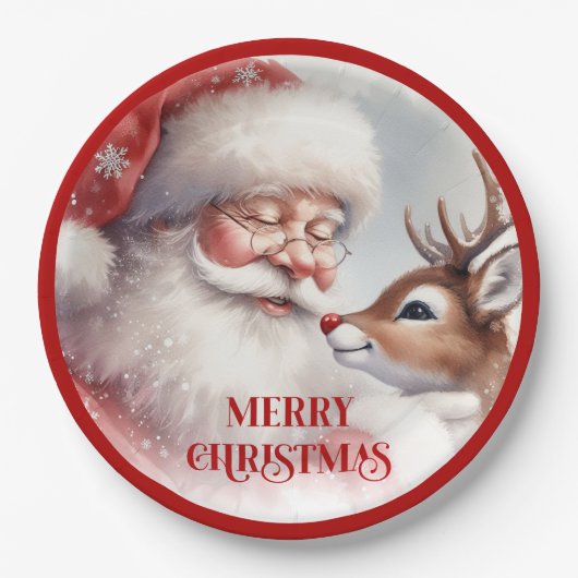 Cute Holiday Party Plates Santa and Rudolph Papieren Bordje (Voorkant)