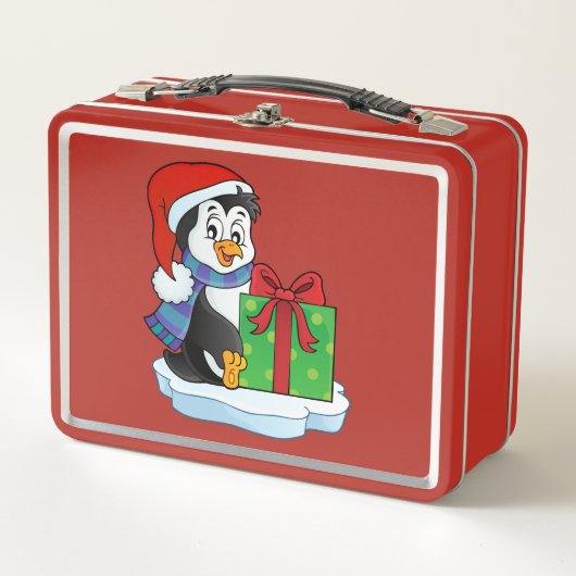 Cute Holiday Penguin Red Metal Lunch Box (Voorkant)