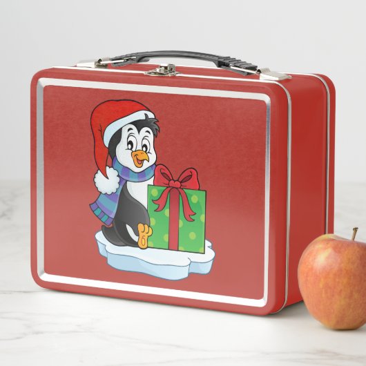 Cute Holiday Penguin Red Metal Lunch Box (In situ)