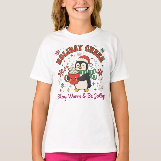 Cute Holiday Penguin with Cocoa & Cheer T-shirt (Voorkant)
