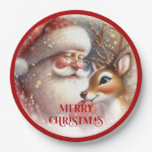 Cute Holiday Plates with Cartoon Santa and Rudolph Papieren Bordje (Voorkant)
