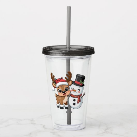 Cute Holiday Reindeer & Snowman Acryl Drinkbeker (Voorkant)