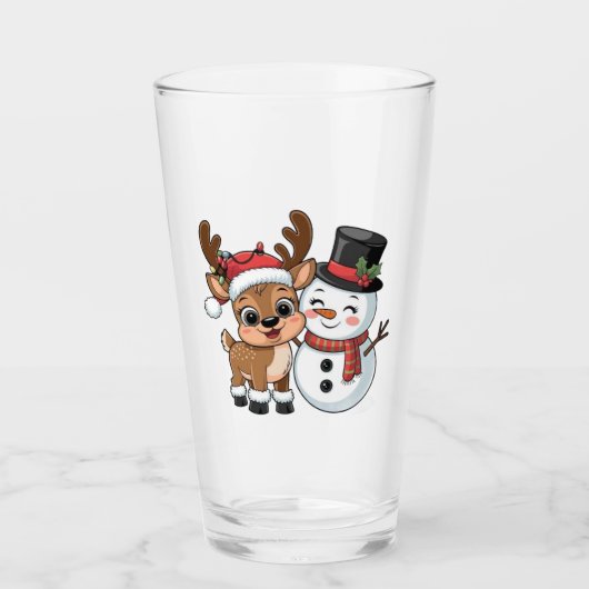 Cute Holiday Reindeer & Snowman Glas (Voorkant)