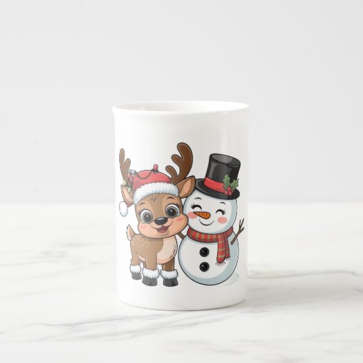 Cute Holiday Reindeer & Snowman Porselein Kop (Voorkant)
