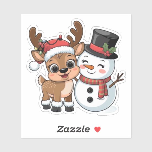 Cute Holiday Reindeer & Snowman Sticker (Vel)