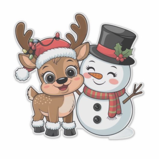 Cute Holiday Reindeer & Snowman Sticker (Voorkant)