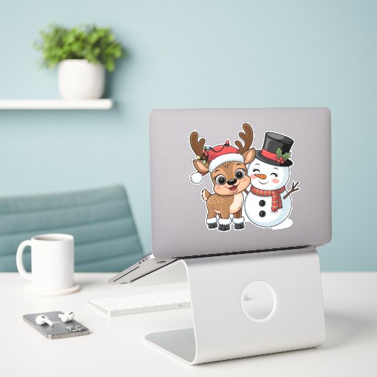 Cute Holiday Reindeer & Snowman Sticker (Laptop op bureau)