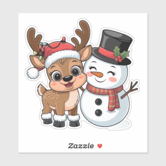 Cute Holiday Reindeer & Snowman Sticker (Vel)
