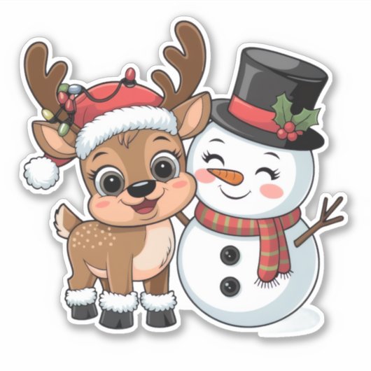 Cute Holiday Reindeer & Snowman Sticker (Voorkant)