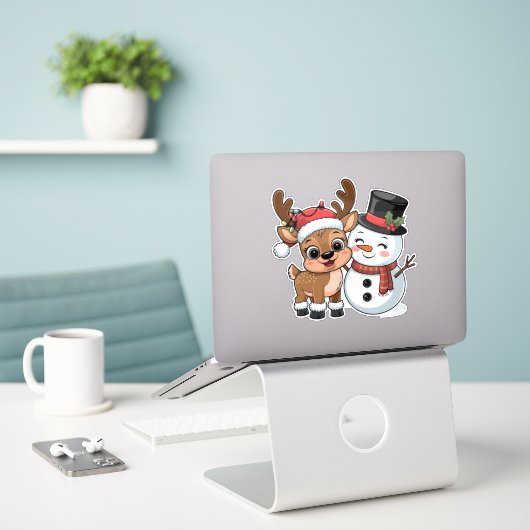Cute Holiday Reindeer & Snowman Sticker (Laptop op bureau)