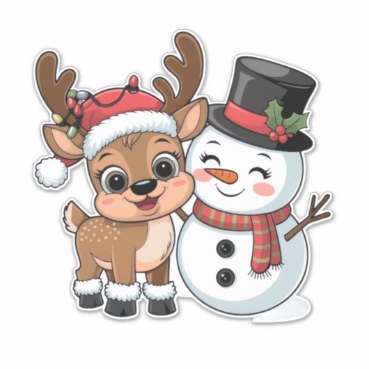 Cute Holiday Reindeer & Snowman Sticker (Voorkant)