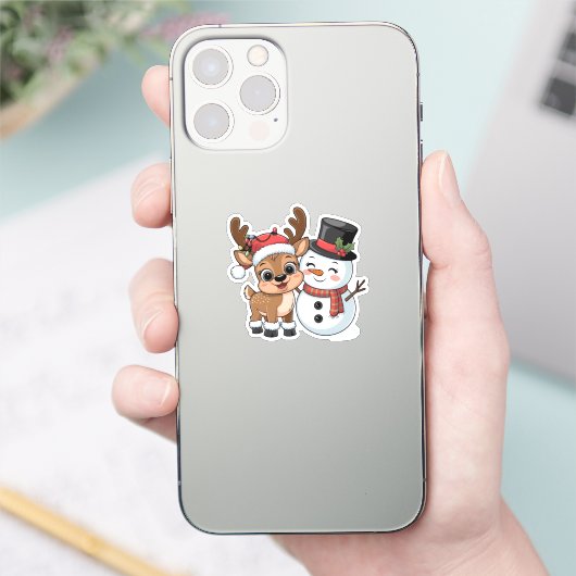 Cute Holiday Reindeer & Snowman Sticker (Telefoon)