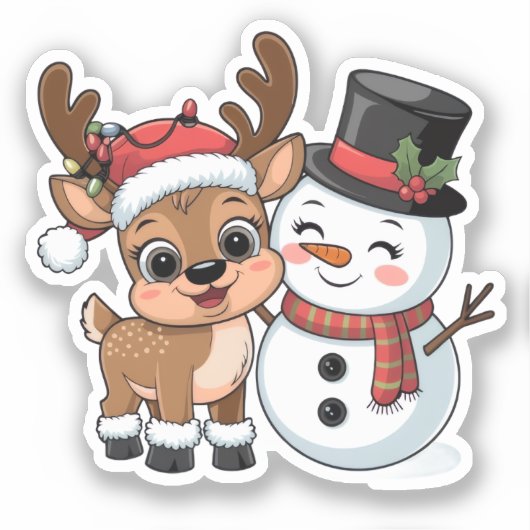 Cute Holiday Reindeer & Snowman Sticker (Voorkant)