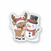 Cute Holiday Reindeer & Snowman Sticker (Voorkant)